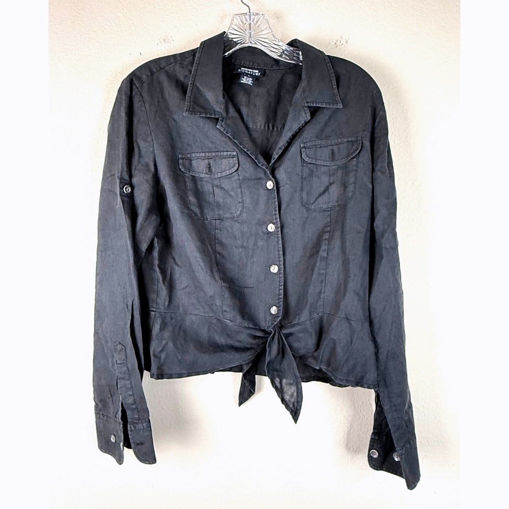Jones New York Button Down Womens L Black Linen Front Tie Roll Tab Utility Shirt